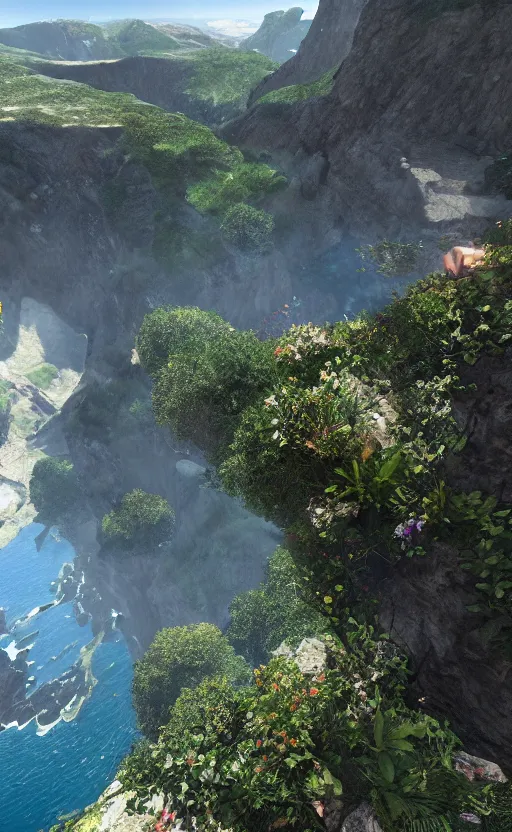 Prompt: We climbed the mountain Up impossible black cliffs Touching clouds But the path down Has been blocked, So we climb again Our eyes ever-focused On the crystal waters Of the valley below Unreal engine