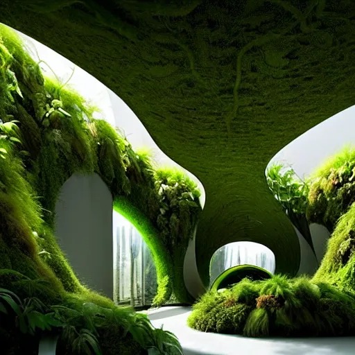 Image similar to a dream about opulent, abandoned overgrown futuristic base on Mars designed by Zaha Hadid, lush plants growing through the glossy floors and walls, walls are covered with moss and vines, beautiful, dusty, golden volumetric light shines through, golden rays fill the space with warmth, rich with epic details, dreamy atmosphere and drama