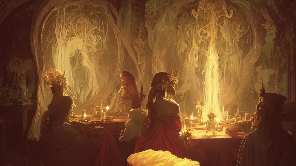 Prompt: a seance in an old victorian parlor, ectoplasm, manifestations, spirits, crystal ball, fantasy, intricate, cinematic lighting, highly detailed, digital painting, artstation, concept art, smooth, sharp focus, illustration, art by Artgerm and Greg Rutkowski and Alphonse Mucha