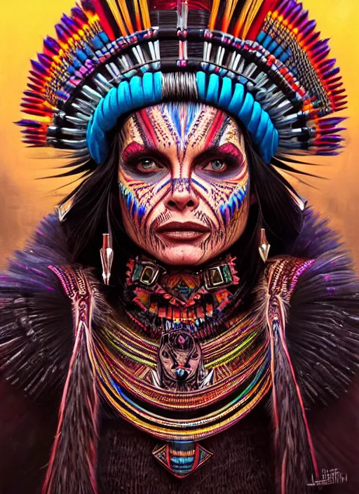 Prompt: portrait of michelle pfeiffer, hyper detailed ultra sharp aztec shaman warrior. trending on artstation, warpaint aesthetic, bloodwave, colorful, psychedelic, ornate, intricate, digital painting, concept art, smooth, sharp focus, illustration, art by artgerm and greg rutkowski and h. r. giger, 8 k