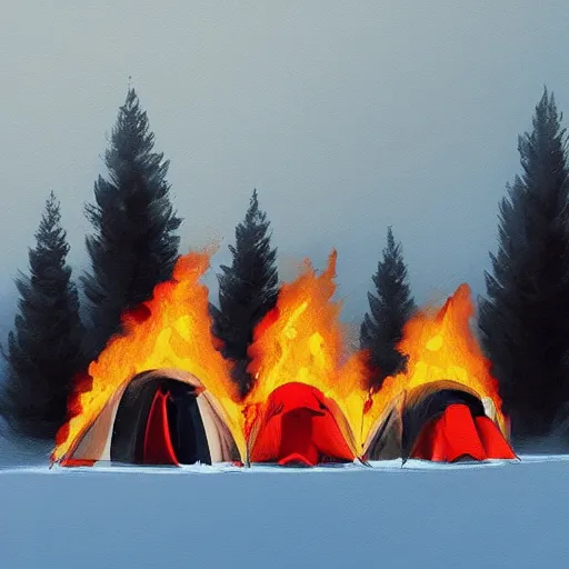 Image similar to a camp with tents on fire, burning down, shadows of 3 girls watching the camp burn, snow, painted by Sylvain Sarrailh