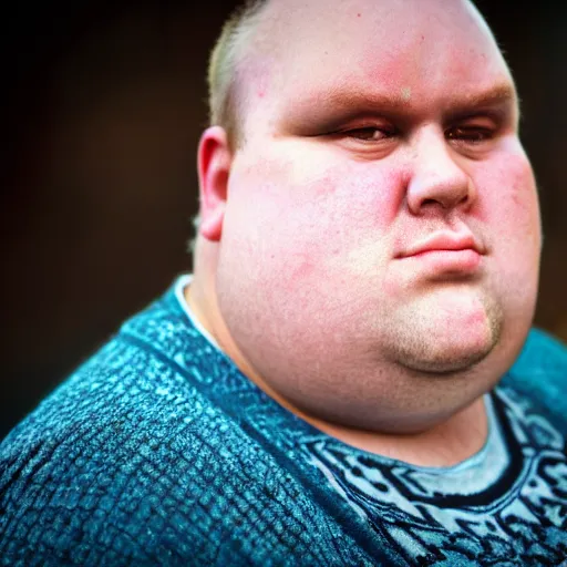 Prompt: a portrait photo of the fattest man ever, he is not happy, 5 0 mm, depth of field