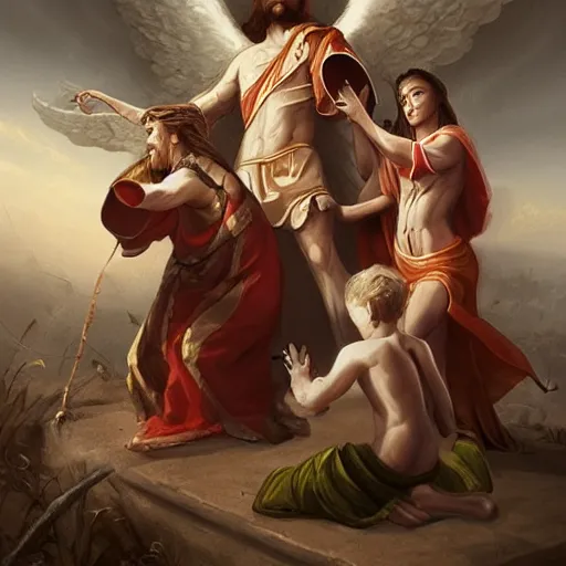 Image similar to angels protecting a praying man, by Quentin Mabille, Trending on artstation, deviantart