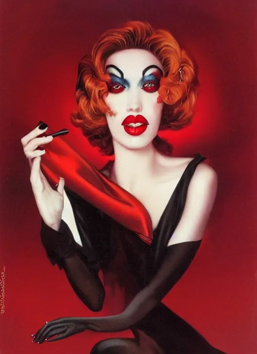 Image similar to an 8 0 s portrait of a woman with dark eye - shadow and red lips with dark slicked back hair dreaming acid - fueled hallucinations by serge lutens, rolf armstrong, delphin enjolras, peter elson, red cloth background