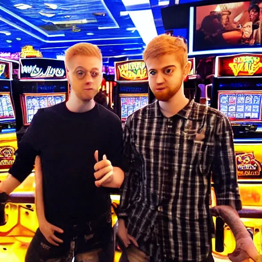 Prompt: paymoneywubby and sodapoppin in las vegas, gambling, lifelike, shot by martin scorsese