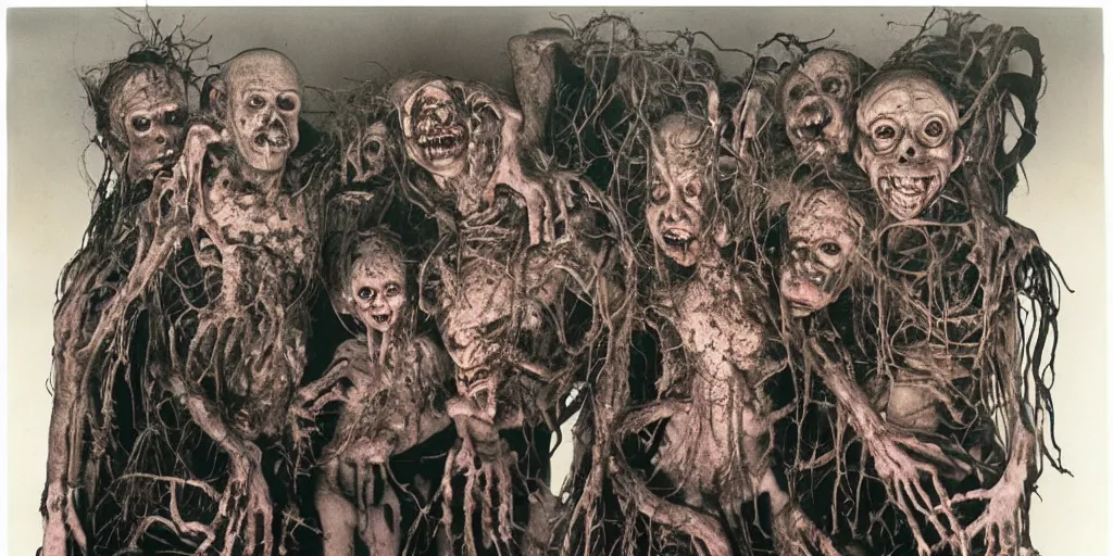 Prompt: studio portrait of a happy creepy mud family by bob bottin and cronenberg, horror grotesque, realistic detailed photography, filth and grim, colorized 1 9 9 0's