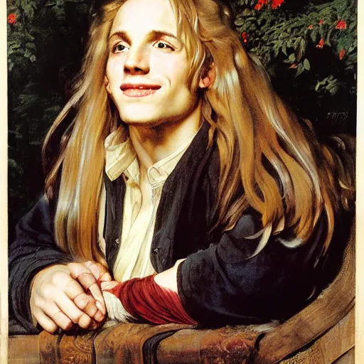 Image similar to beautiful portrait painting of Edward Elric with long curly blond hair, delicate young man wearing an open poet shirt smiling sleepily at the viewer, symmetrically parted curtain bangs, in love by Peter Paul Rubens and Norman Rockwell