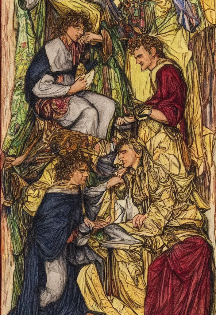 Image similar to Yoshua Bengio smiling drawn on the Tarot card. Illustration by preraphaelists.