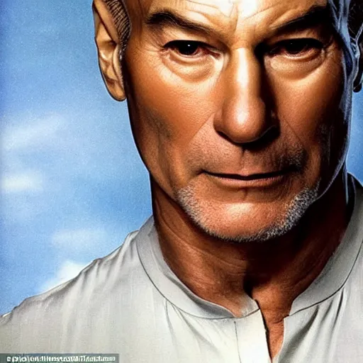 Image similar to a man who is a genetic combination of patrick stewart and jonathan frakes and levar burton and michael dorn and brent spiner, face and upper - body focus, detailed eyes