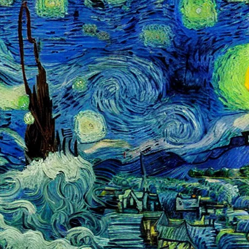 Image similar to a ship going through a storm, Van Gogh style