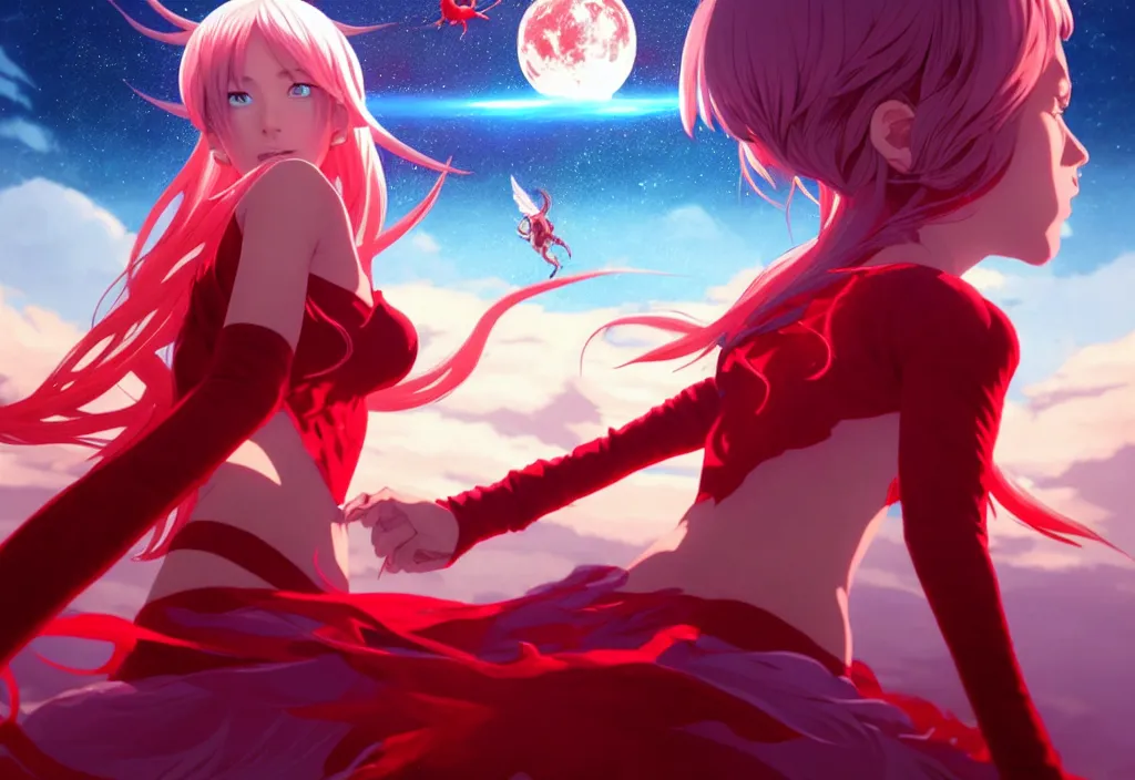 Image similar to red dressed summoner girl fighting against outer gods with their creatures. floating planets on the background, box office hit, fantasy and cosmic horror movie, unreal engine, intricate, highly detailed 8 k, ambient occlusion, extremely beautiful and aesthetic shape of face and body, art by hiroaki samura and ilya kuvshinov and rossdraws