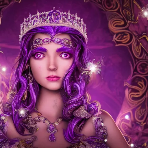 Image similar to portrait princess of amethyst, glowing, ornate and intricate purple jewelry, jaw dropping beauty, glowing background lighting, purple accent lighting, hyper detailed, fairy tale, 4 k octane render