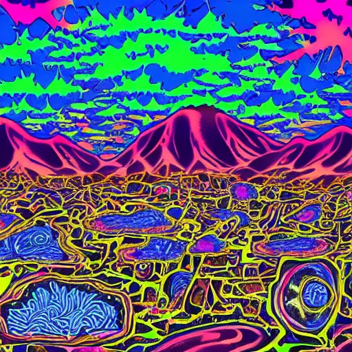 Prompt: psychedelic landscape full of skeletons