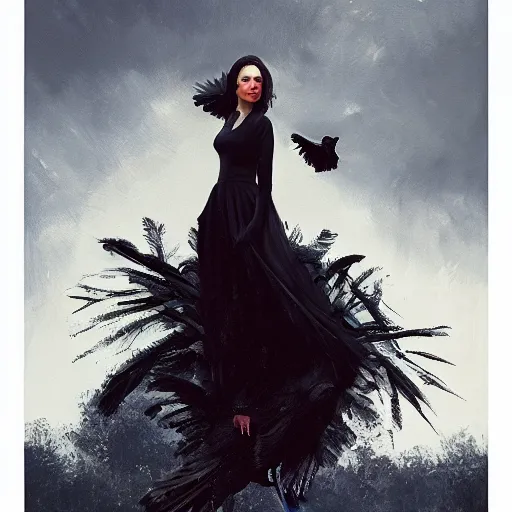 Image similar to morning, a woman in a black dress with a raven for head. sun, cinematic, clouds, vogue cover style, contracting colors mood, realistic painting, intricate oil painting, high detail, figurative art, multiple exposure, poster art, 3 d, by simon bisley, ismail inceoglu, wadim kashin, filip hodas.