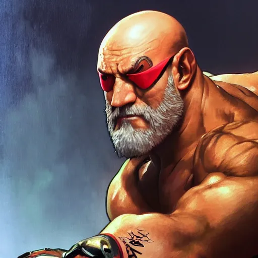 Image similar to mike ehrmantraut as sagat street fighter, wearing eye patch, 4 k, ultra realistic, detailed focused art by artgerm and greg rutkowski and alphonse mucha