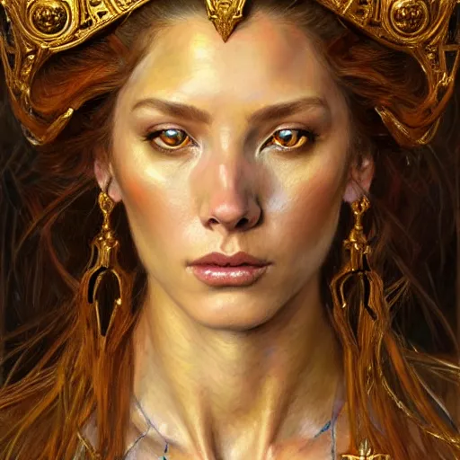 Image similar to highly detailed portrait of a majestic lioness queen in the form of a beautiful woman. d & d. art by donato giancola, eugene delacroix, ruan jia, ivan bilibin. trending on artstation, intricate details, energetic composition, golden ratio, concept art, illustration, elegant art, global illuminaition