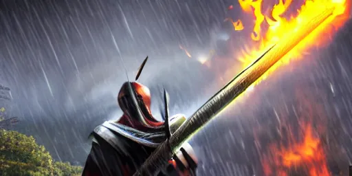 Image similar to The dark paladin with a heated sword in his hand and a burning flame with a sword in the rain. cinematic shot from back, realistic, 4K,