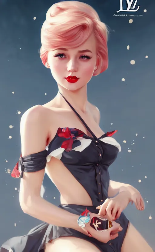 Image similar to a pin up and beautiful fashion charming dreamlke swedish girl with lv jewelry, character art, art by artgerm lau and wlop and and ilya kuvshinov and john singer sargent, hyperdetailed, 8 k realistic, symmetrical, frostbite 3 engine, cryengine, dof, trending on artstation, digital art