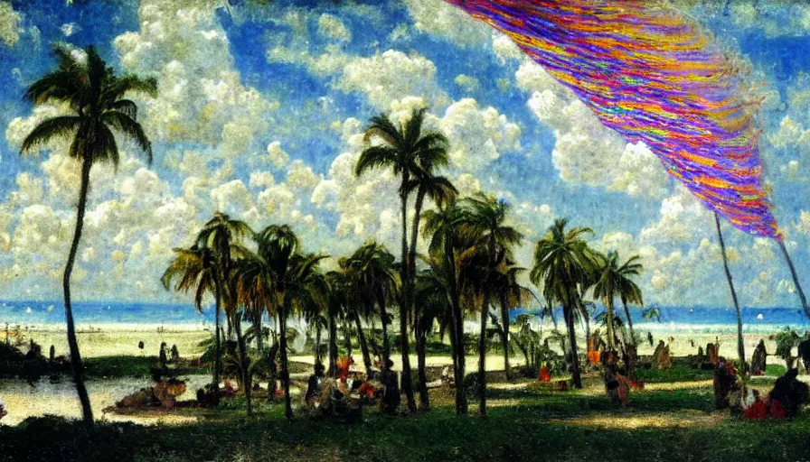 Image similar to a ultradetailed beautiful painting of the thunderstorm sky of the amazonas palace balustrade designed by jules bastien - lepage, tarsila do amaral, frank weston and gustave baumann, beach, trending on artstation, mediterranean, palm trees, sharp focus, colorful refracted sparkles and lines, soft light, 8 k 4 k