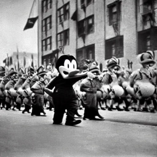 Image similar to historic colorized photograph of donald duck at a nazi parade in 1 9 3 6