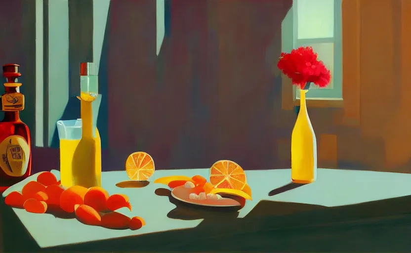 Prompt: beautiful still life featuring Cocktail molotov, very coherent, painted by Edward Hopper, painted by James Gilleard, airbrush, art by JamesJean