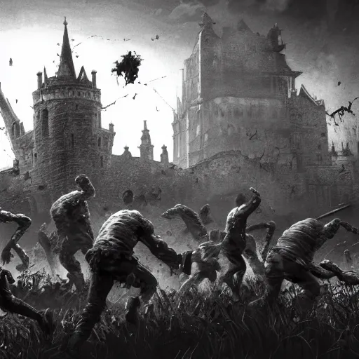 Image similar to zombies attack the medieval city in the style of kentaro miura, 4 k, 8 k, absolute detail of even the smallest details and particles, beautiful shadows, beautiful art, black and white drawing