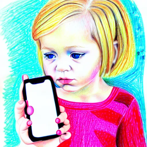 Image similar to 3 year old blonde girl with iphone, colored pencil on white background by eloise wilkin