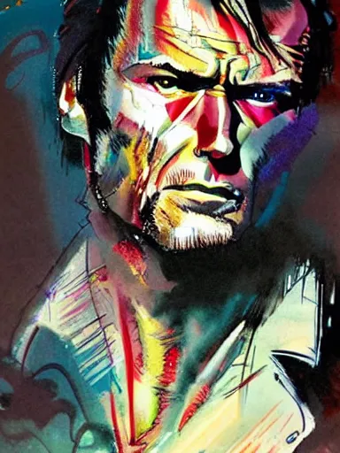 Prompt: clint eastwood by bill sienkiewicz, detailed, hyper-detailed