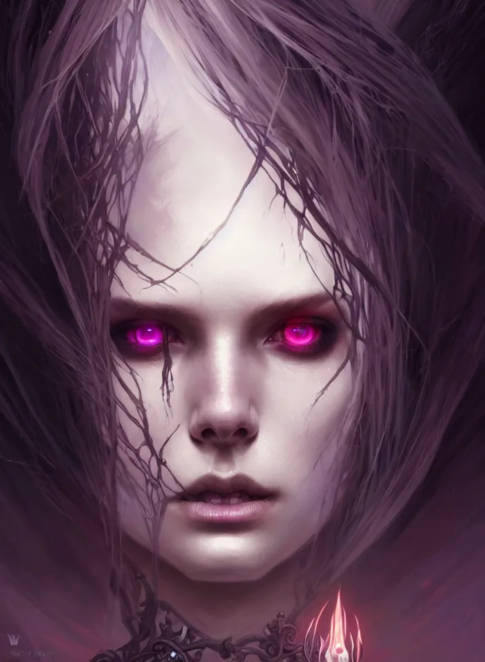 Image similar to Necromancer Sorceress face macro in center, fantasy magic, undercut hairstyle, dark light night, intricate, elegant, sharp focus, illustration, highly detailed, digital painting, concept art, matte, art by WLOP and Artgerm and Greg Rutkowski and Alphonse Mucha, masterpiece