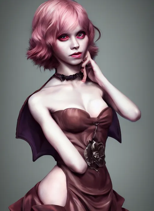 Prompt: beautiful fashion cute imp demon female strapless dress, character portrait in the style of thomas river and artgerm, wlop, cinematic lighting, hyperdetailed, 8 k realistic, symmetrical, global illumination, radiant light,, frostbite 3 engine, cryengine, dof, trending on artstation, digital art, chanel