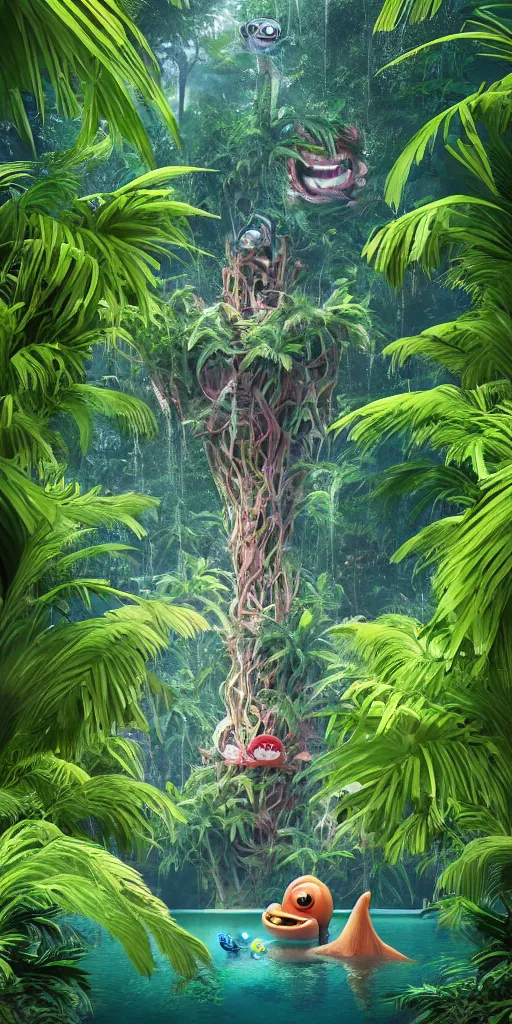 Prompt: of a tropical rainforest lake with strange cute friendly happy creatures with huge eyes, mouth, long tongue, round teeth and goofy face, appearing from the treesl, in the style of gehry and gaudi, macro lens, shallow depth of field, ultra detailed, digital painting, trending artstation, concept art, illustration, cinematic lighting, photorealism, epic, octane render