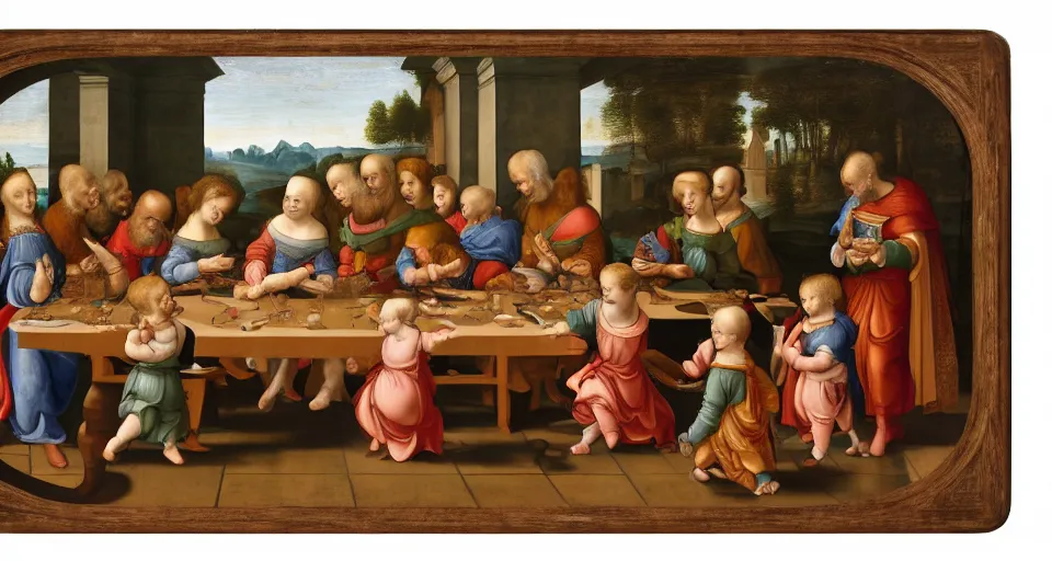 Image similar to a Renaissance painting in the style of Leonardo da Vinci of a symmetrical long table. A group of babies and toddlers are sitting at the table