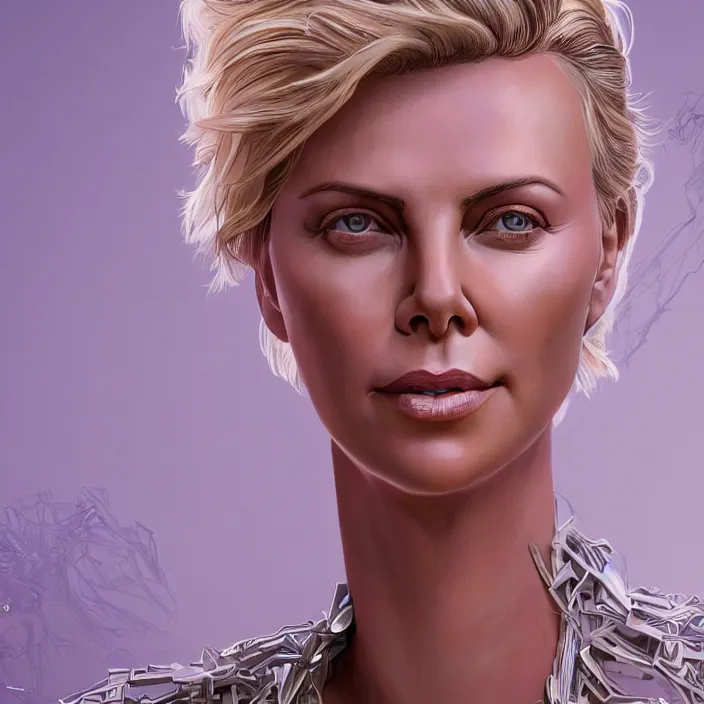 Image similar to portrait of charlize theron in a suit. intricate abstract. intricate artwork. by Tooth Wu, wlop, beeple, dan mumford. octane render, trending on artstation, greg rutkowski very coherent symmetrical artwork. cinematic, hyper realism, high detail, octane render, 8k, iridescent accents