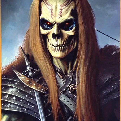 Image similar to ultra realistic portrait painting of skeletor as legolas, art by frank frazetta, 4 k, ultra realistic, highly detailed, epic lighting