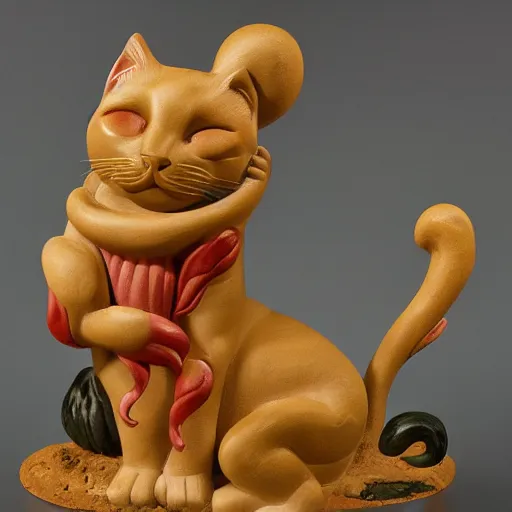 Image similar to clay model statue flowing rainbow cat by susan herbert and hiroshige ii and theophile steinlen and louis wain and min zhen and arthur rackham and pierre bonnard and bonnie mclean and wes wilson, 8 k, artstation