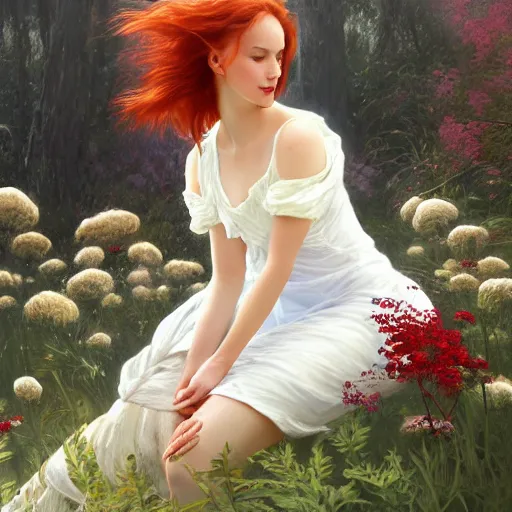 Prompt: a beautiful intricate oil paint of red haired girl in white dress sitting on wooden trunk in a garden holding a bunch of wild flowers, highly detailed, digital painting, artstation, concept art, matte, sharp focus, 3 d, octane render, well rendered, art by artgerm, by greg rutkowski, by alphonse mucha