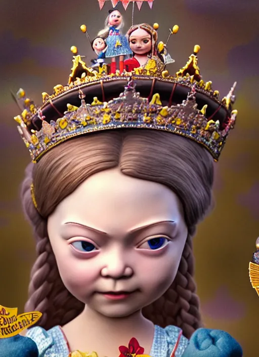 Image similar to highly detailed closeup, face profile portrait of greta thunberg as a tin toy fairytale princess wearing a crown eating cakes, bikini, unreal engine, nicoletta ceccoli, mark ryden, earl norem, lostfish, global illumination, detailed and intricate environment
