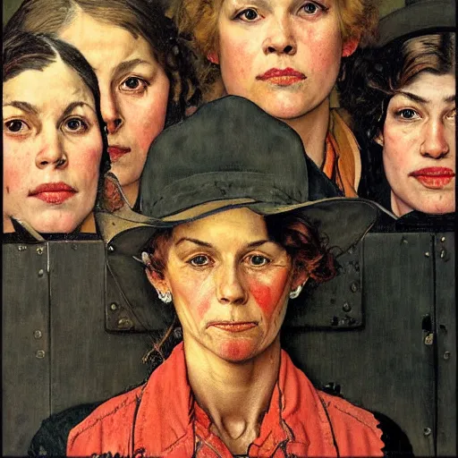 Image similar to Front portrait of an all-female outlaw gang. A painting by Norman Rockwell.