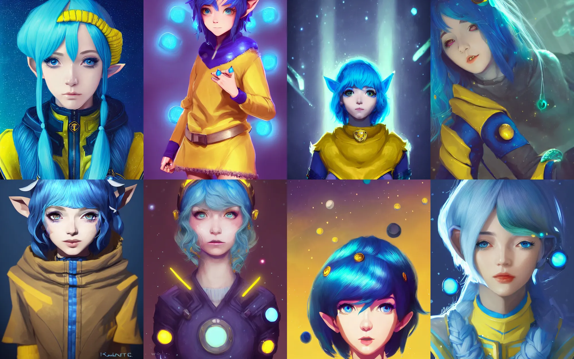 Prompt: league of legends portrait of a blue haired elf girl with a bob haircut with white freckles wearing a yellow poncho reminiscent of a spacesuit covered in badges by wlop and kuvshinov, digital art, cinematic lighting, symmetric