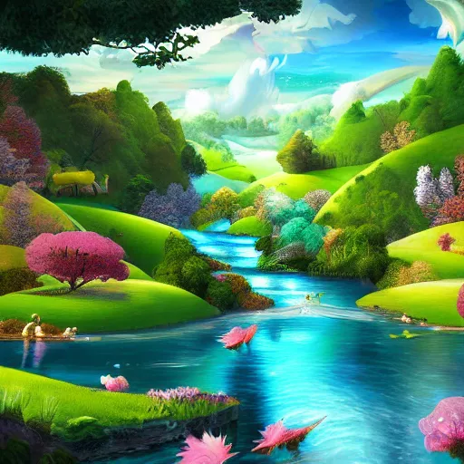 Image similar to A beautiful digital art of of a landscape. It is a stylized and colorful view of an idyllic, dreamlike world with rolling hills, peaceful looking animals, and a flowing river. The scene looks like it could be from another planet, or perhaps a fairy tale. studio lighting by Michelangelo rich details, daring