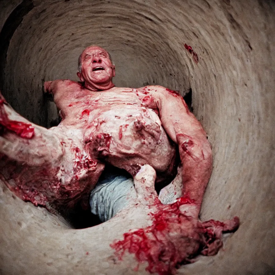 Image similar to 9 0 s movie still of an old man with a bloody hole in the stomach in a spiral tunnel, cinestill 8 0 0 t 3 5 mm, heavy grain, high quality, high detail