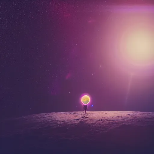 Prompt: high detail photo of an android floating in space inside magic colorful glowing sparkling fog, circular planet behind it, starry sky, tranquil, desolate, atmospheric, hazy, autochrome, 8k, reflections, octane render, unreal engine 5