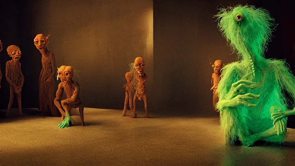 Prompt: the strange creature, made of glowing oil, they suffer from elevatophobia, film still from the movie directed by denis villeneuve and david cronenberg with art direction by salvador dali and dr. seuss