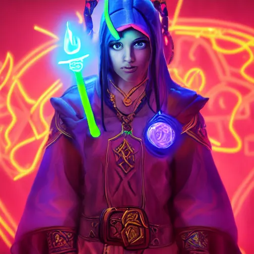 Image similar to a oil art portrait of young mage with neon magic in style of warcraft character, bard jester character sheet, 4 k, ultra detail, volumetric lighting, unreal engine, octane render, grimdark