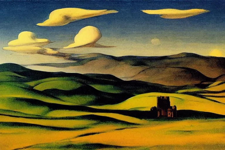 Prompt: dramatic landscape of donegal ireland after the storm, sea is shimmering in the sun, mammatus clouds and lenticular clouds, by edward hopper giorgio de chirico, eyvind earle