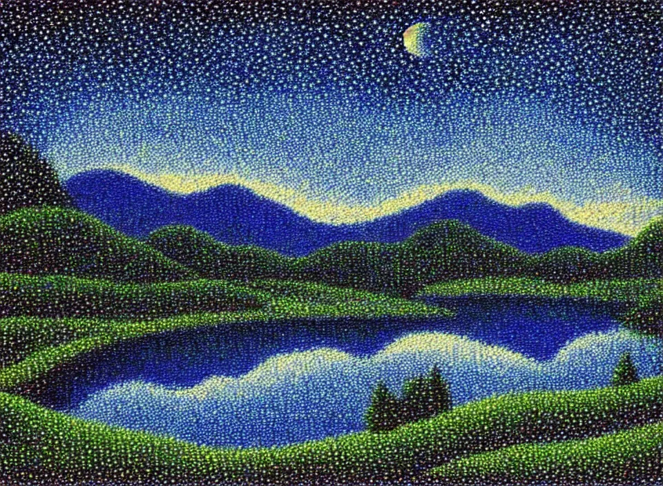 Prompt: a peaceful mountain valley with a lake at night and crescent moon, pointillism