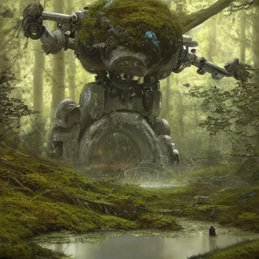 Image similar to ancient stone roboter overgrown with moss and farn resting beside a pond inside a forest, oil painting, by Greg Rutkowski