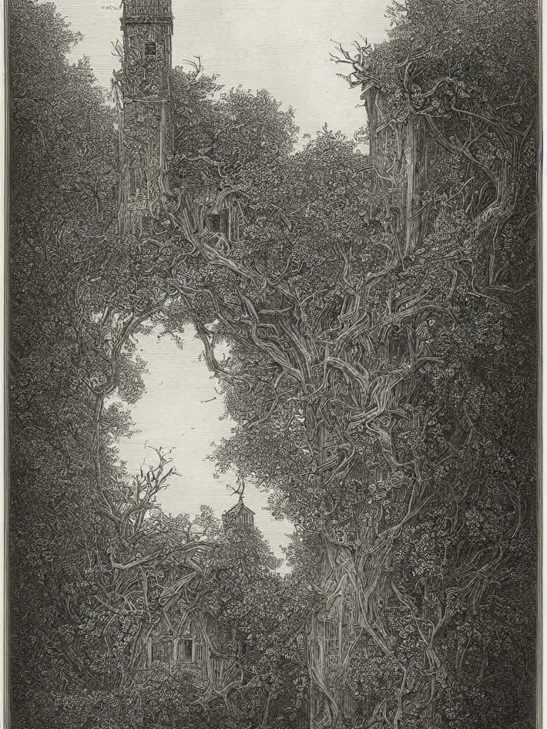 Prompt: “An engraving of a crooked, ivy-covered tower with a pointed roof by Gustave Dore”