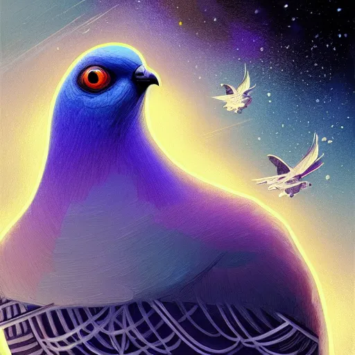 Image similar to close up Portrait of a Pigeon in space, dark fantasy, intricate pigeon, elegant pigeon, highly detailed, digital painting, artstation, concept art, smooth, sharp focus, illustration, art by Sam Youn and Fernanda Suarez and Artem Demura and Alphonse Mucha