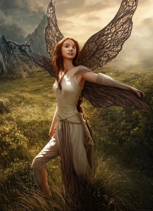 Prompt: full body portrait of a beautiful women with wings of lace in a lord of the rings scenery landscape, by artgerm, sunny day, highly detailed, perfect lighting, perfect composition, 4 k, by alan lee, by derek zabrocki, by greg rutkowski